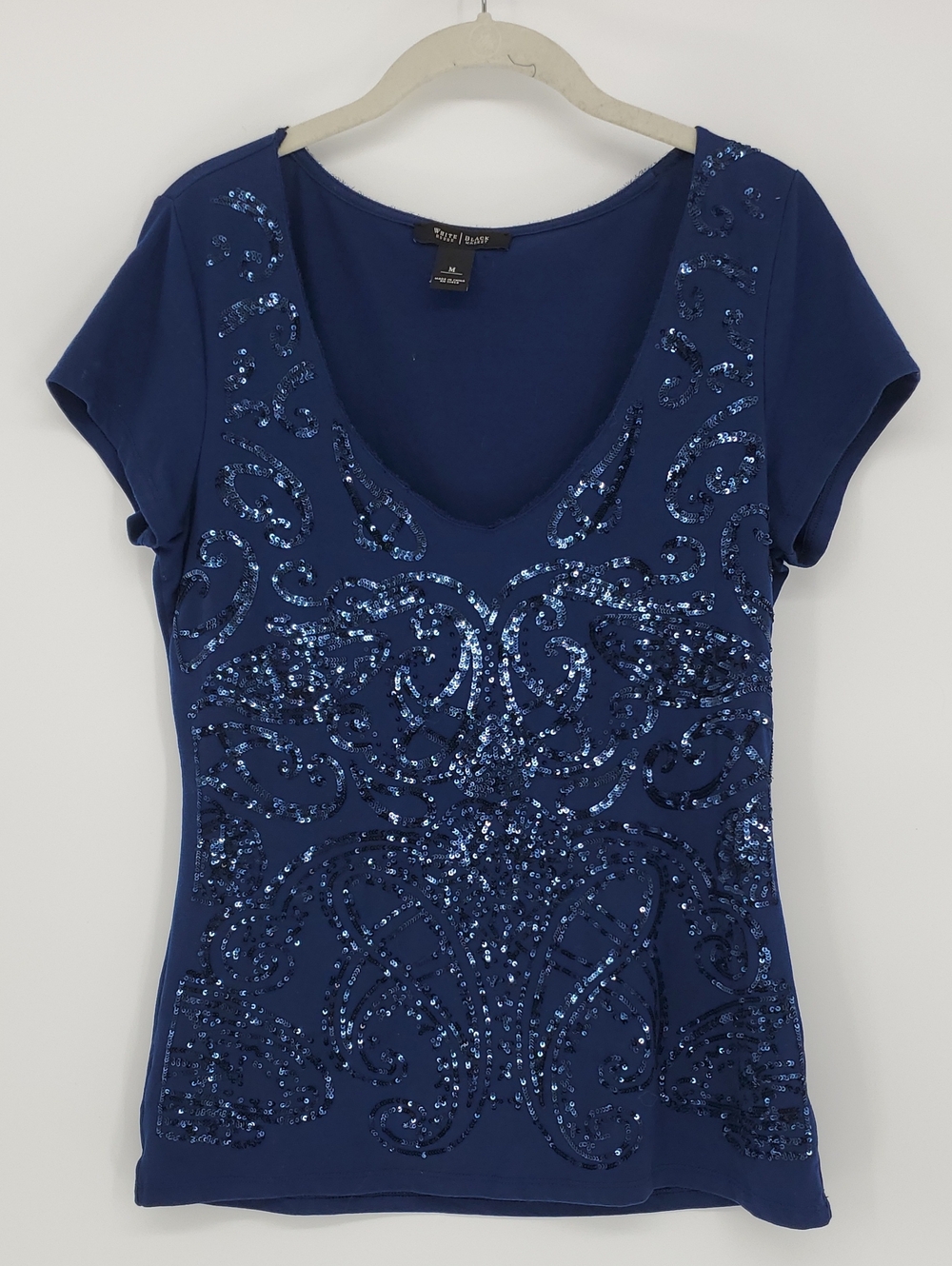 White House Black Market Navy Sequin V-Neck Short Sleeve Top - Size Medium